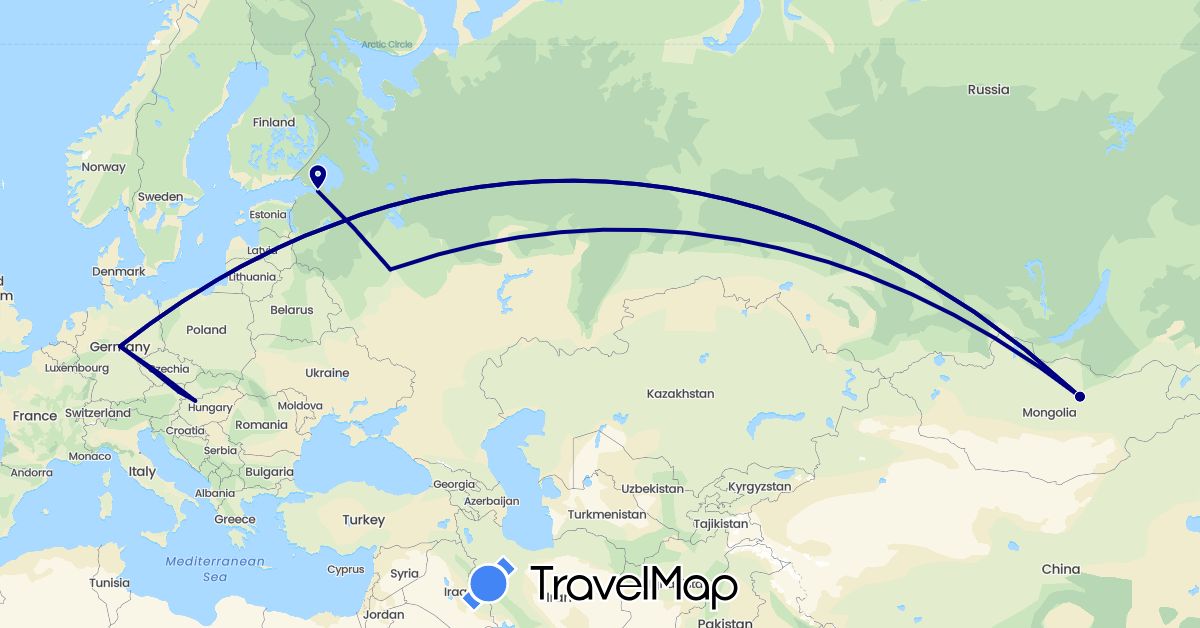 TravelMap itinerary: driving in Austria, Germany, Hungary, Mongolia, Russia (Asia, Europe)